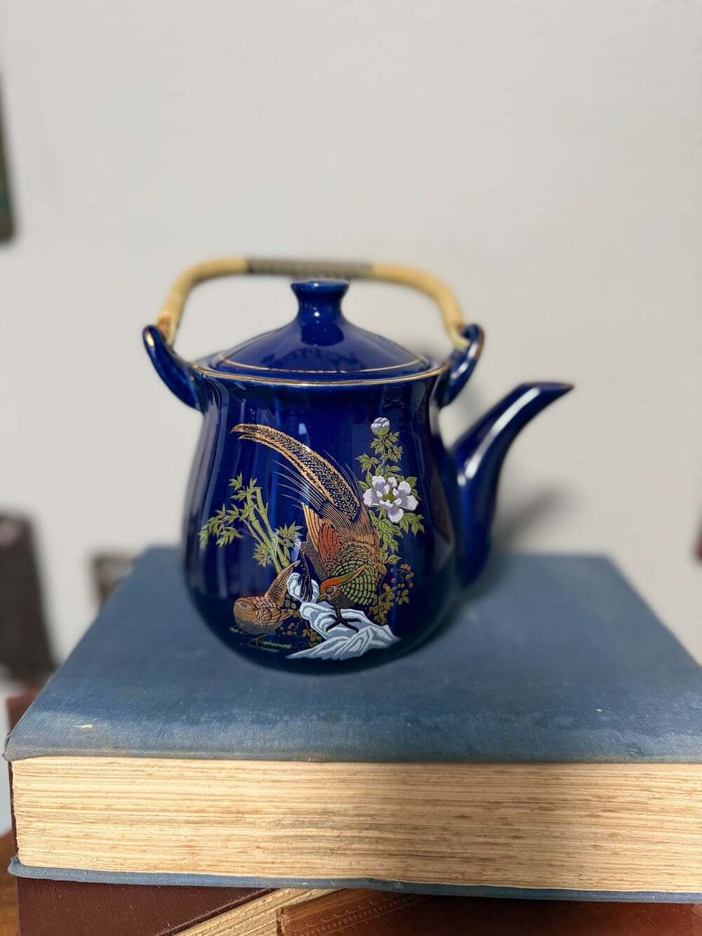 Vintage Cobalt Blue Japanese Porcelain Teapot w/ Rattan Handle